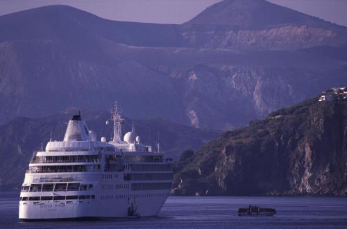 Eolie Island, Sicily:  Lipari - a cruiser off the port